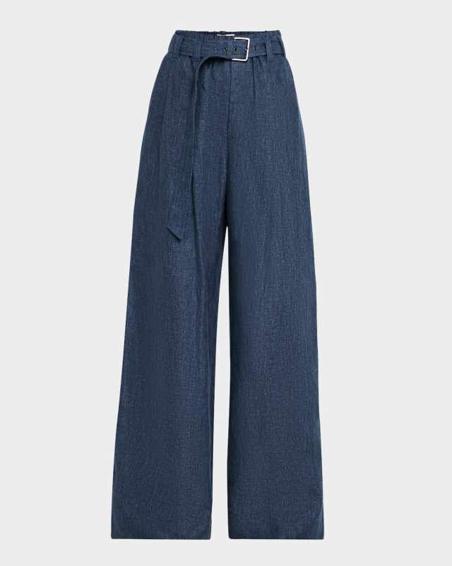 Denim-Effect Linen Wide-Leg Track Pants With Monili Belt Loop